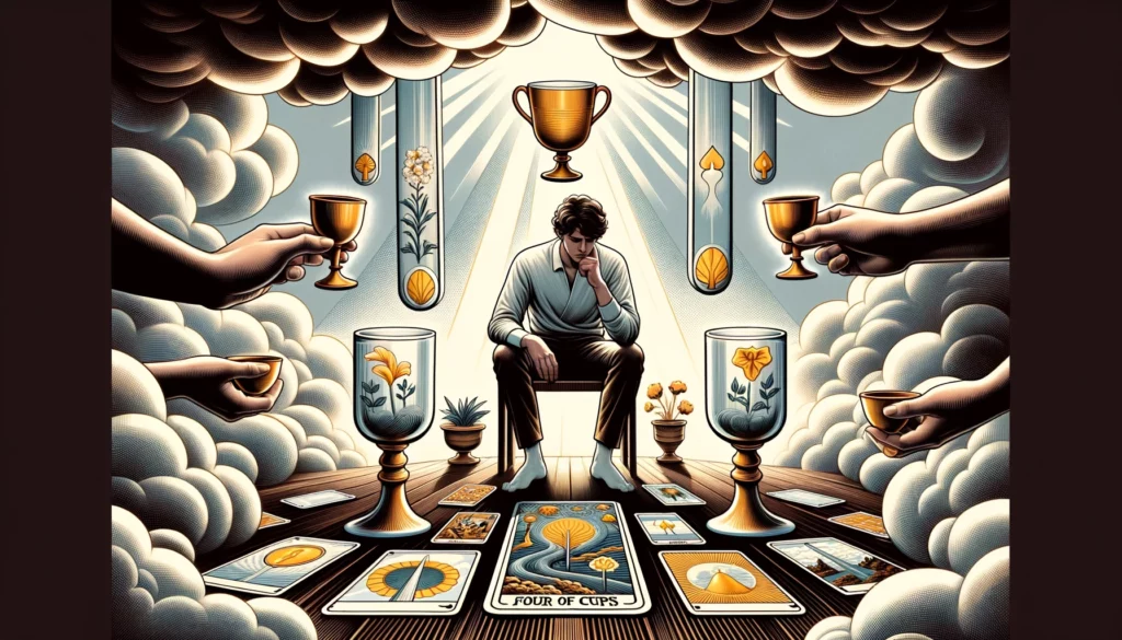 "Artwork featuring a contemplative figure surrounded by three cups, displaying indifference, while a fourth cup is offered from a cloud, symbolizing an overlooked opportunity. The scene suggests introspection and potential for missed chances, indicating a 'No' or 'Not yet' response due to hesitation and lack of awareness. Yet, subtle elements hint at a potential change in perspective, suggesting the possibility of recognizing and embracing new opportunities with attentiveness and openness."