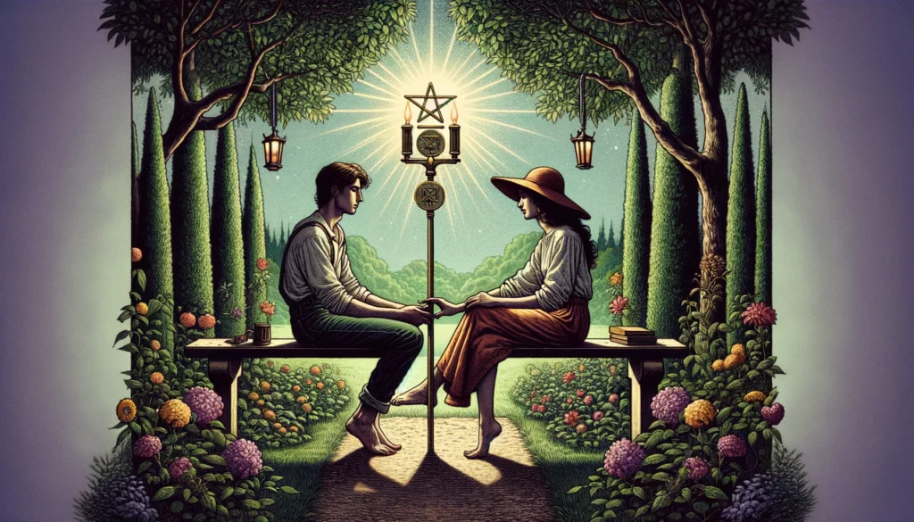 In a secluded garden, a couple shares a moment of closeness, holding onto a single pentacle between them. Symbolizing stability and security in their relationship, it also hints at the need for openness and trust in life's journey for deeper emotional growth.