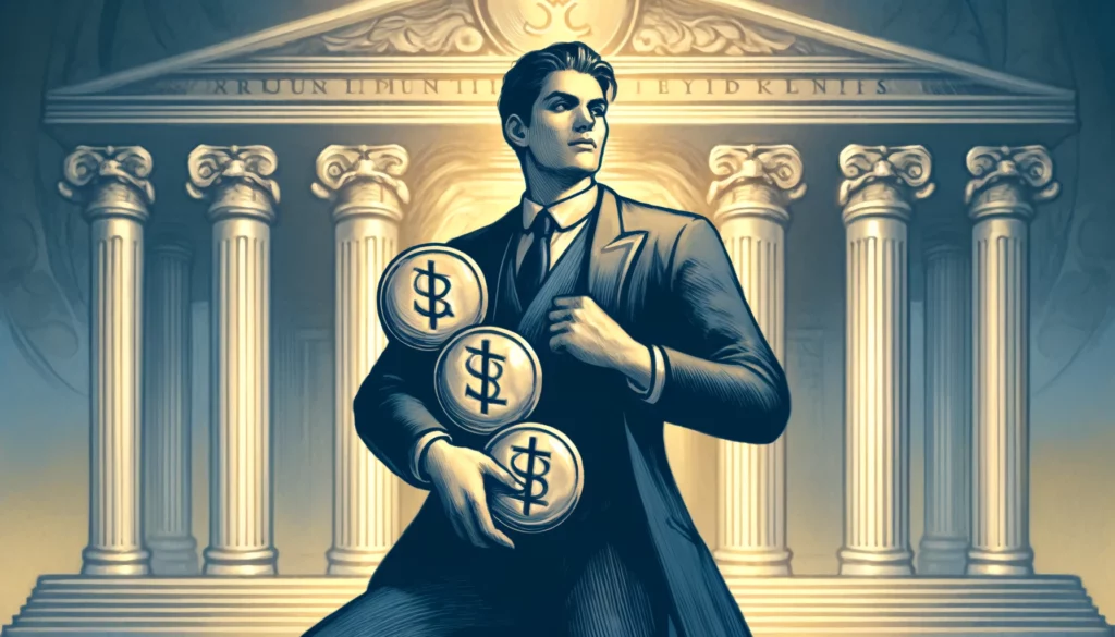 An individual stands with a firm grip on four pentacles in front of a bank or vault, symbolizing security, stability, and wealth management. Reflects the cautious nature and potential limitations of focusing excessively on material security.






