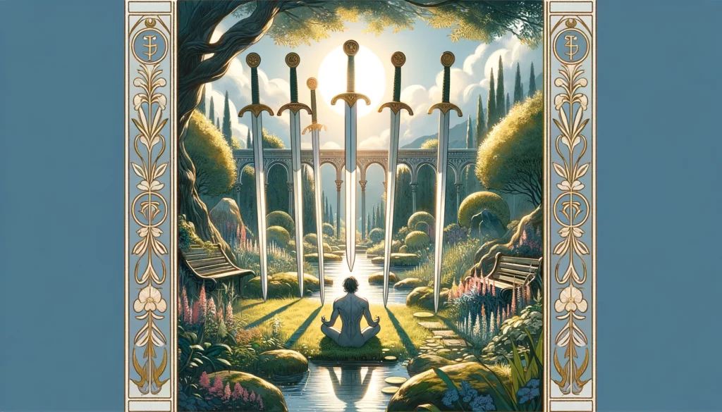 "Illustration highlighting the card's theme of rest, reflection, and the necessity for pause prior to decision-making, against a backdrop of serene tranquility representing the significance of quiet contemplation."