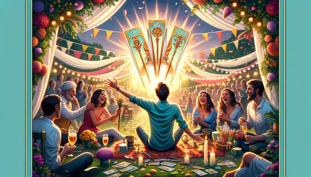 An image portraying an individual's profound happiness and sense of accomplishment, surrounded by the warmth and support of friends and family in a celebration of significant life milestones. The visual depicts a joyful gathering filled with decorations, flowers, and lights, symbolizing the spirit of celebration and the brightness of the future, enriching the article with themes of joy, celebration, and deep belonging associated with the card.