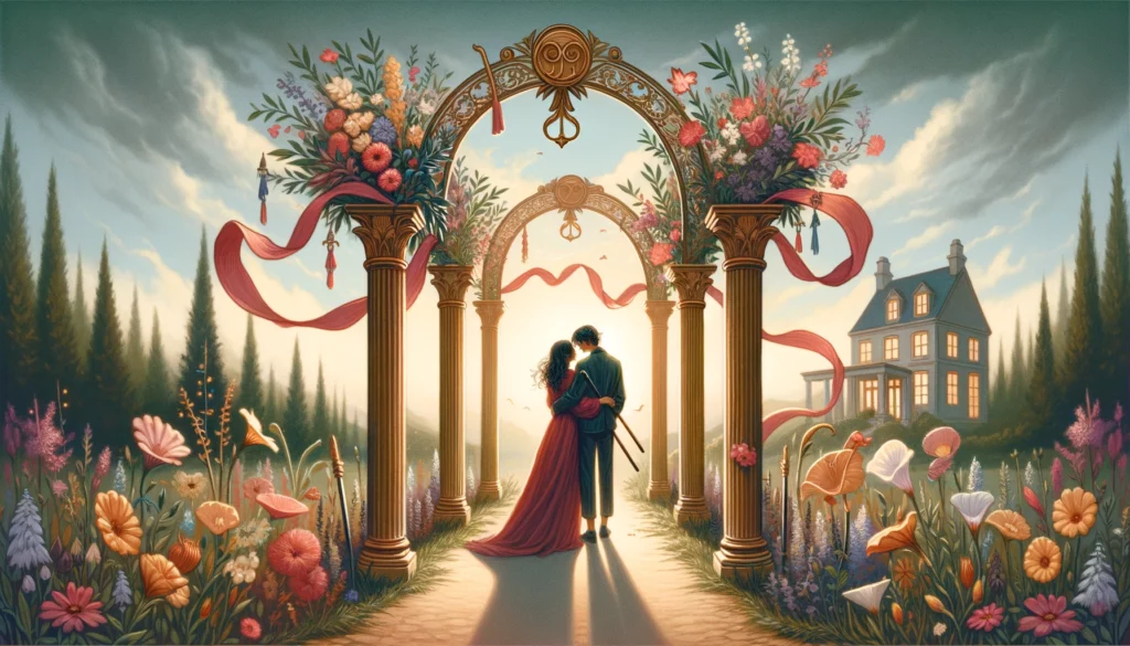 The image features a joyous and committed partnership symbolized by a beautifully decorated archway, evoking themes of celebration, stability, and homecoming in a relationship. The vibrant, warm color palette enhances the sense of happiness and security, set against a backdrop representing the couple's stable foundation for their future together.