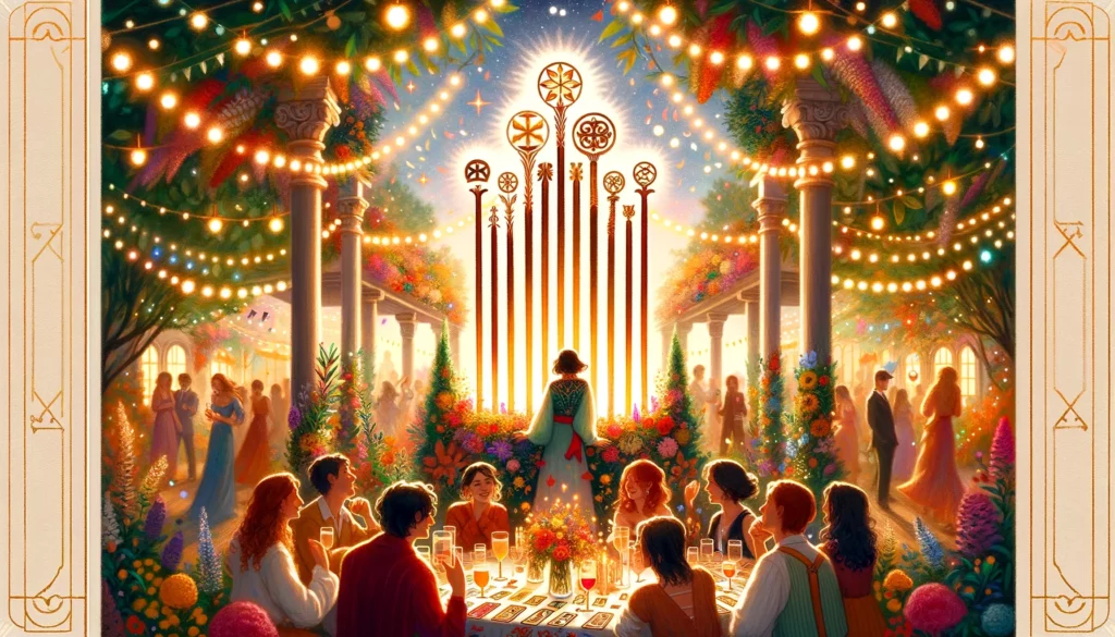 A person smiling amidst a joyful gathering, expressing the desire for celebration, stability, and the joy of shared success. The vibrant scene portrays harmonious relationships, a supportive community, and a festive atmosphere, symbolizing unity, happiness, and the realization of dreams.
