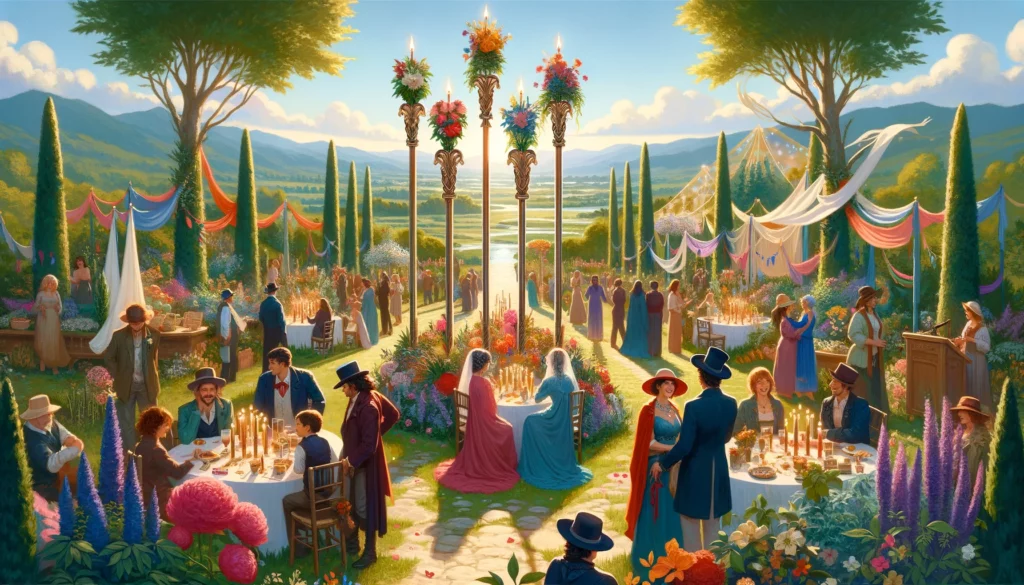 A lively and joyful gathering of people at a festive event, symbolizing celebration, unity, and stability within a personal or community context. The visual depicts harmonious relationships and a strong support system among attendees, set against a backdrop that emphasizes growth, prosperity, and the foundations of a supportive and fulfilling environment.