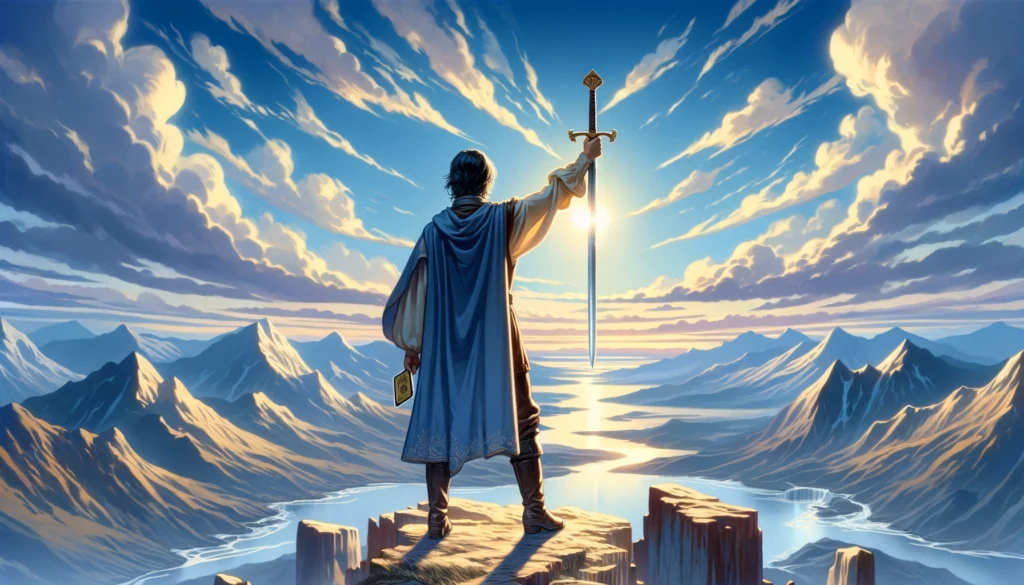 The image portrays the King of Swords exhibiting qualities of clarity, decisiveness, and emotional intelligence. He navigates emotional waters with clear insight and communicates feelings with integrity and respect. The backdrop symbolizes openness, honesty, and a forward-thinking approach to understanding emotions, enriching the article with a visual representation of these qualities.