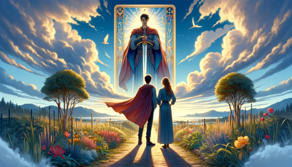 "The image portrays a couple engaged in thoughtful discussion, symbolizing fairness, clear communication, and intellectual compatibility in relationships. It enriches the article by illustrating the positive attributes of the Upright King of Swords in a love context, highlighting the importance of a strong mental connection, honest communication, and a partnership based on equality and respect."