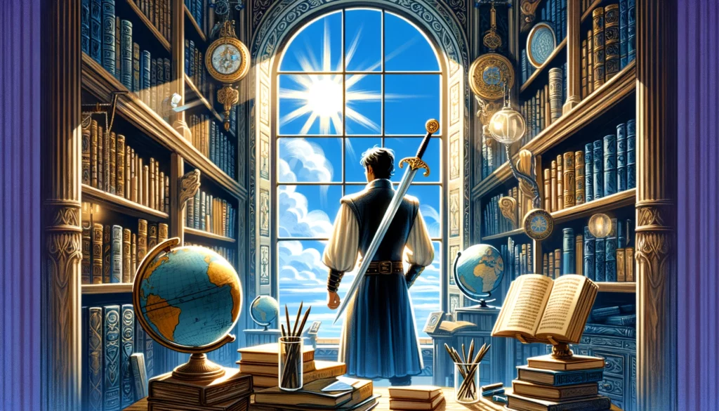 The images depict the King of Swords, embodying a desire for clarity, intellectual honesty, and fair judgment. They enrich the article by illustrating the qualities someone might aspire to or desire in themselves or others, emphasizing the importance of clear communication, ethical leadership, and intellectual strength, all set against the backdrop of a library symbolizing a deep commitment to intellectual growth and the pursuit of wisdom.