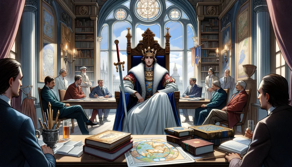 The image portrays a strategic meeting or negotiation guided by the King of Swords, emphasizing clarity, authority, and intellectual leadership. The well-lit room, transparency, and thoughtful consideration of all factors involved highlight his ability to bring clarity to complex situations and lead with wisdom, symbolizing his role in resolving conflicts and making important decisions with logic and integrity.





