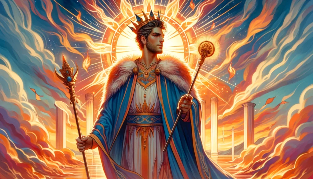 An illustration vividly capturing the essence of positive energy, enthusiasm, and leadership associated with the Upright King of Wands. The King is depicted in a majestic stance, exuding confidence and vision, with a background reflecting the passion and drive he brings to emotional situations, enriching the article by illustrating the dynamic energy and determination inherent in this card.






