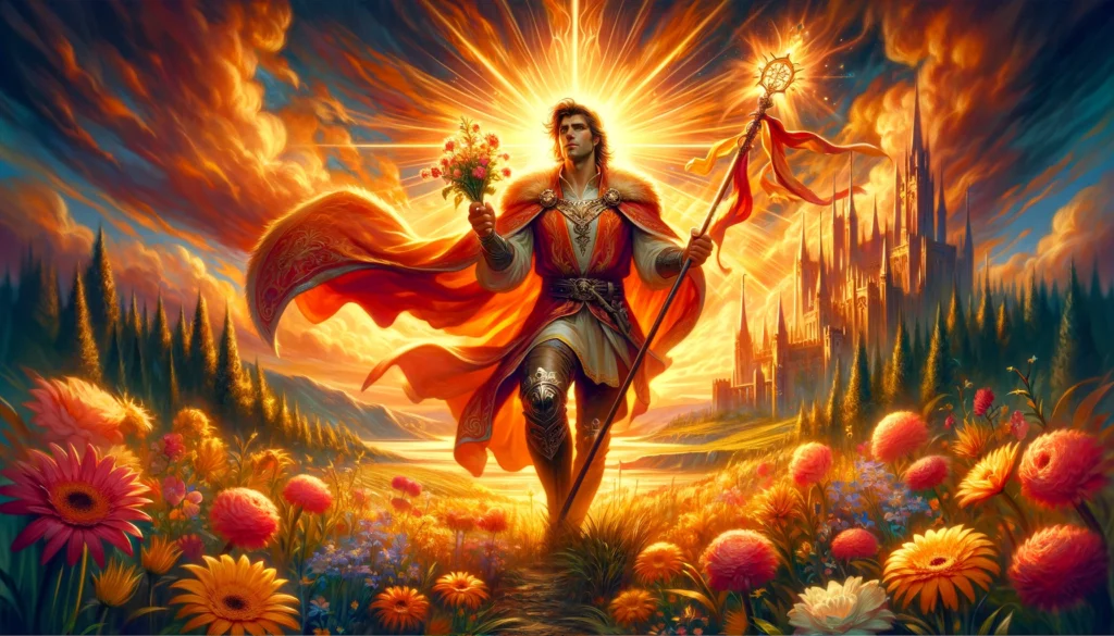 An illustration portraying the King as a heroic and passionate partner, set against a vibrant, fiery landscape. He stands ready to lead a kingdom of love with warmth, courage, and an adventurous spirit, holding a blossoming wand symbolizing growth and vitality in relationships. His forward gaze reflects determination and a visionary future, surrounded by symbols of love and success, capturing the essence of the Upright King of Wands as an enthusiastic, loyal, and inspiring companion.