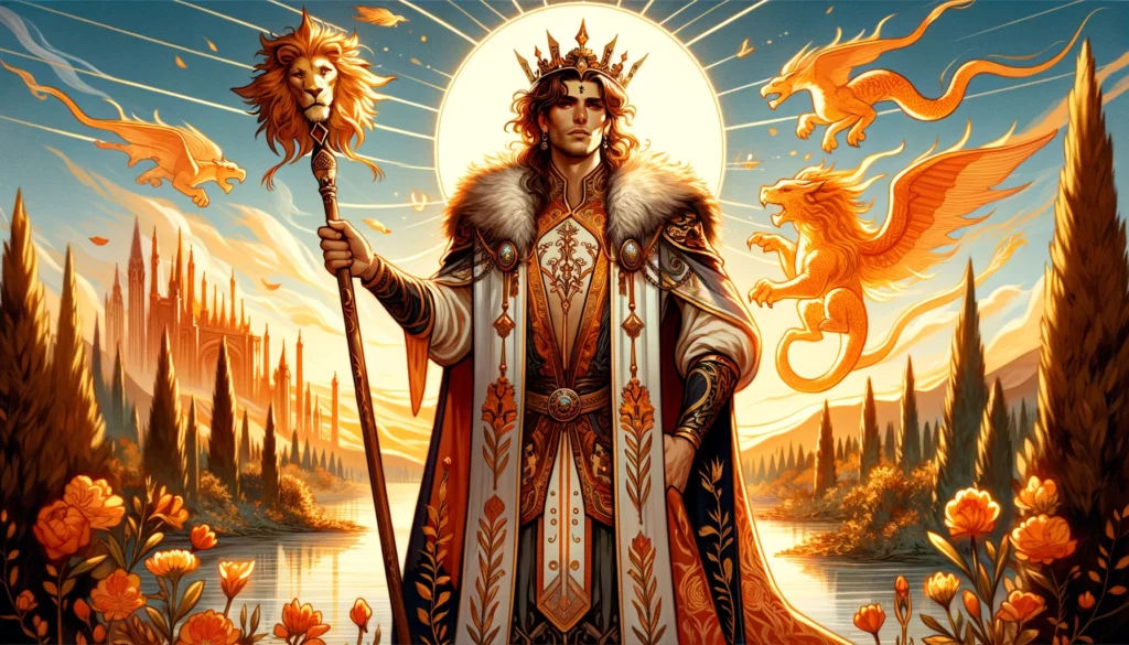 An image illustrating the essence of an inspiring and confident leader. The King stands tall, wand in hand, against a backdrop symbolizing his success, ambition, and creativity. The sunny landscape and flourishing elements reflect his optimistic outlook and achievements earned through bold leadership. This visualization perfectly embodies the dynamic energy, passion, and visionary spirit of the King of Wands.