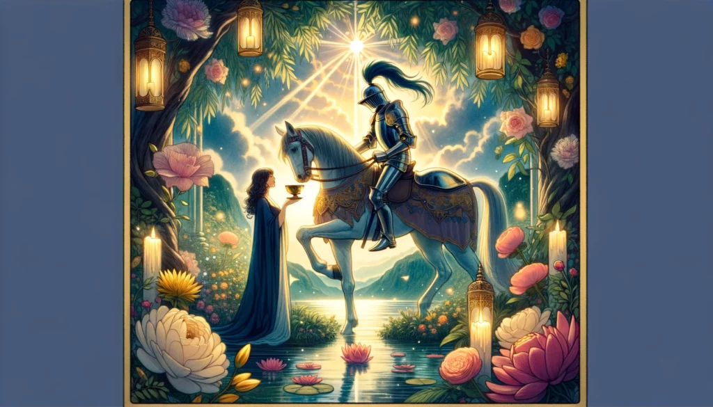 "Illustration of a knight embodying charm, romantic idealism, and emotional sensitivity in a lush and romantic environment, symbolizing a romantic proposal or emotional offering."