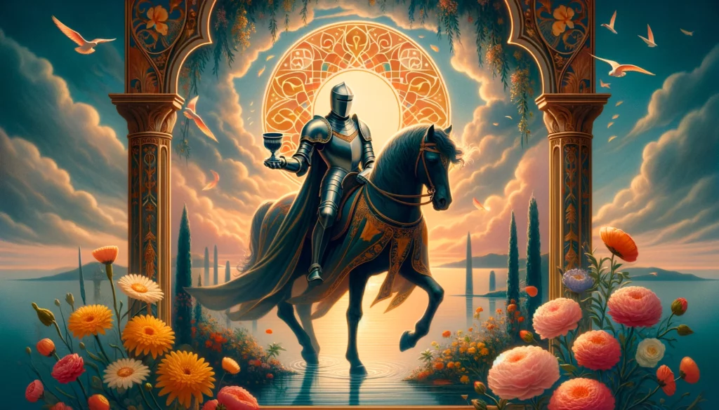 "Illustration depicting a serene and picturesque environment, symbolizing a moment of emotional arrival or proposition, embodying the knight's qualities of romance, creativity, and emotional insight."





