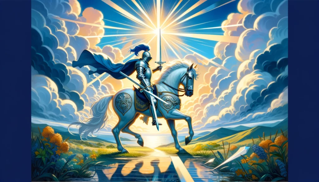 "An illustration depicting the Knight of Swords tarot card in a dynamic and forward-moving stance, symbolizing the affirmative energy associated with the 'Yes' answer in tarot readings. The artwork emphasizes clarity, confidence, and the pursuit of goals, enriching the article by visually highlighting the positive nature of the 'Yes' response in tarot interpretations."