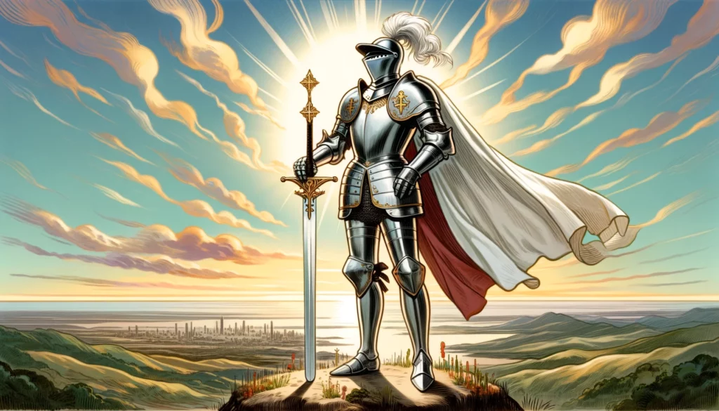 "An image illustrating the Upright Knight of Swords tarot card, emphasizing traits such as clarity of thought, decisive action, and intellectual power. The visual representation enriches the article by providing a vivid depiction of the card's positive attributes and their manifestation in a person's behavior or approach to life."