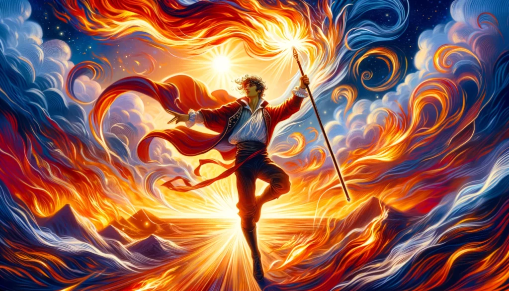 An illustration featuring a figure embodying the Knight of Wands, exuding fiery passion and adventurous spirit, against a backdrop filled with dynamic elements symbolizing the thrill of pursuit. The scene vividly captures the heat and intensity of the upright position of the tarot card, portraying its daring and adventurous nature.