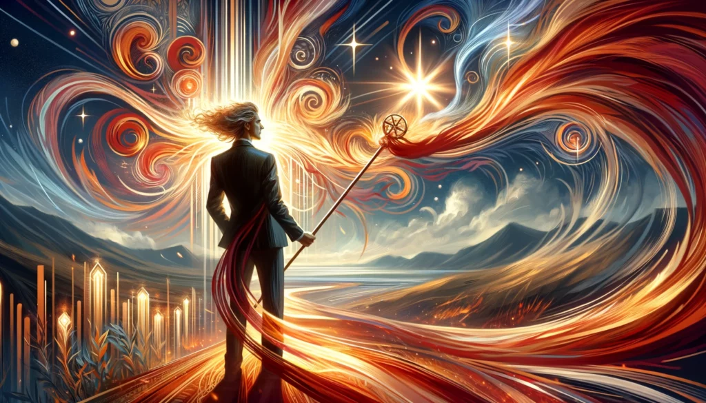 An illustration featuring an individual embodying the assertive action and enthusiasm of the Upright Knight of Wands, set against a vibrant background teeming with dynamic elements. The image reflects the bold pursuit of dreams and the adventurous spirit, capturing the fiery motivation to turn aspirations into reality.