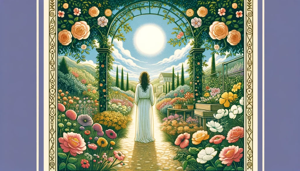 The image shows a serene individual standing in a lush, vibrant garden filled with colorful flowers and lush foliage. The person has a peaceful expression on their face, radiating contentment and inner happiness. They appear to be surrounded by an aura of warmth and positivity, symbolizing emotional independence and self-fulfillment within a romantic context. The scene evokes a sense of tranquility and harmony, highlighting the individual's journey towards finding happiness and satisfaction within themselves, which enriches their romantic relationships.