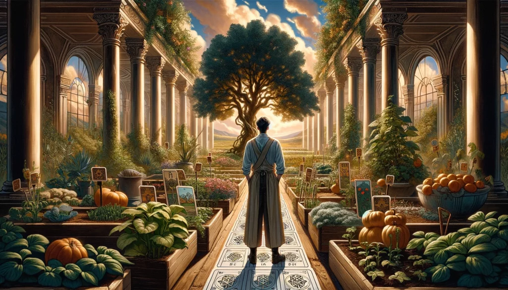 The image portrays an individual standing confidently in a well-tended garden or serene environment, surrounded by symbols of achievement and abundance. The person exudes a sense of contentment and self-assurance, reflecting the fulfillment of personal goals, financial stability, and the enjoyment of solitude. The scene evokes themes of prosperity, self-sufficiency, and the joy of solitary contentment, highlighting a deep sense of satisfaction and independence.