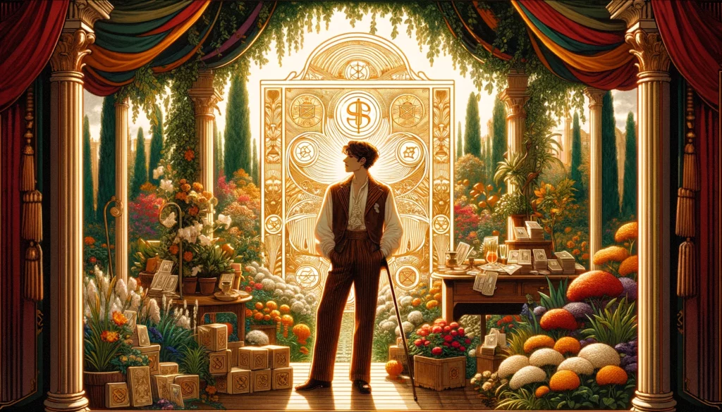  The image portrays a person standing confidently in a meticulously tended garden or opulent environment, surrounded by lush vegetation and elegant decor. The individual exudes an air of independence, prosperity, and self-assurance, symbolizing the embodiment of the Upright Nine of Pentacles. The vibrant surroundings reflect abundance and luxury, echoing the rewards of diligent effort and self-care. This visualization emphasizes the themes of autonomy, personal fulfillment, and the gratification derived from pursuing individual goals and enjoying the fruits of one's labor.