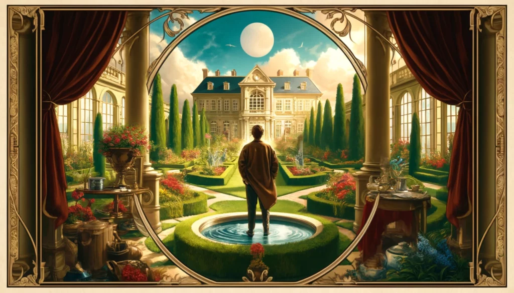 The image portrays an individual standing contentedly in a serene and affluent setting surrounded by manifestations of success and independence. They are depicted amidst flourishing gardens, luxurious comforts, and symbols of culture and refinement, symbolizing a moment of self-realization and achievement. This visualization captures the essence of the Upright Nine of Pentacles, highlighting themes of autonomy, financial stability, and the rewards of diligence and hard work.