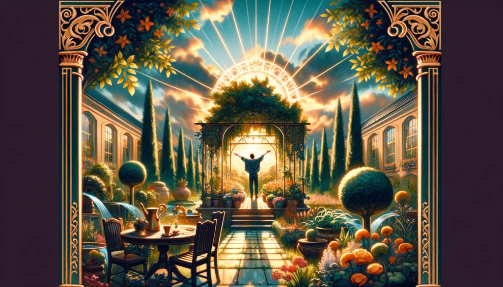 The image depicts a person standing confidently in a lavish garden, surrounded by lush greenery and opulent blooms. The individual exudes a sense of pride and accomplishment, symbolizing their success and abundance achieved through their own efforts. The scene evokes feelings of independence and self-reliance, suggesting a clear "Yes" in response to inquiries about personal achievement, financial stability, and goal attainment through individual endeavor. This visualization embodies themes of prosperity, self-sufficiency, and the satisfaction derived from one's own accomplishments.