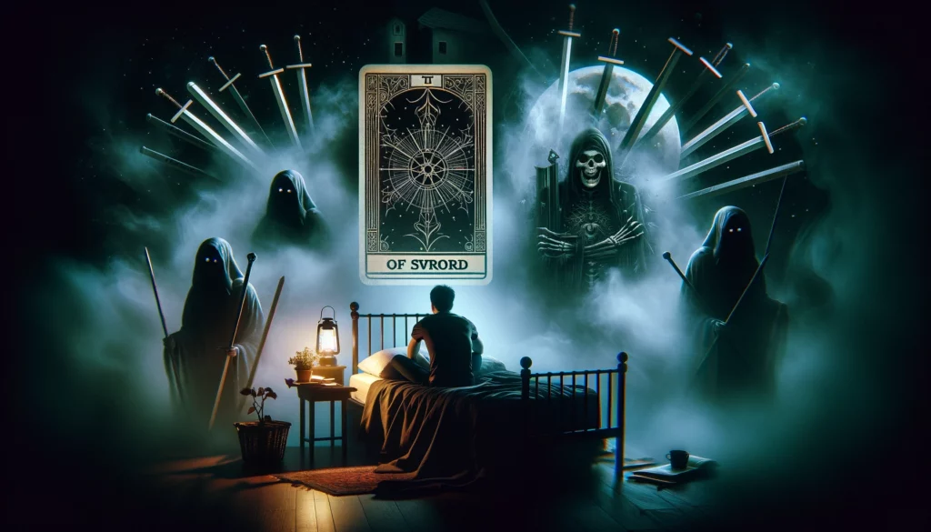"The illustration depicts a person immersed in a state of anxiety and distress, reflecting the emotional turbulence often found in matters of love and relationships. Symbols of worry and unease, such as nine suspended swords, surround the figure, emphasizing the weight of their concerns. Despite the darkness of the scene, subtle hints of light suggest the potential for resolution and healing within the turmoil."