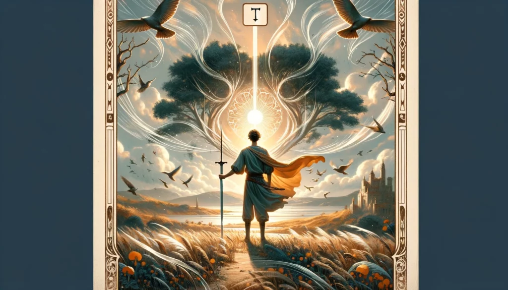 "A scene portraying a figure immersed in intellectual pursuit, surrounded by symbols of enlightenment and clarity, reflecting the themes of curiosity, clear communication, and emotional understanding associated with the card."