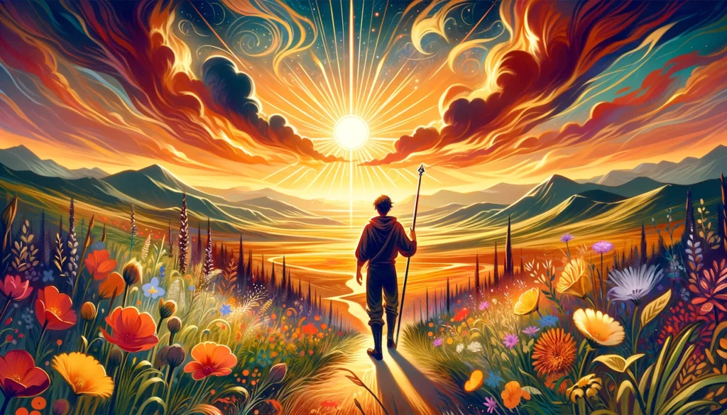 The image shows a dynamic and youthful figure poised to embark on new beginnings and creative exploration. They radiate enthusiasm and optimism, set against a vibrant landscape teeming with life, symbolizing the journey of discovery and growth ahead.





