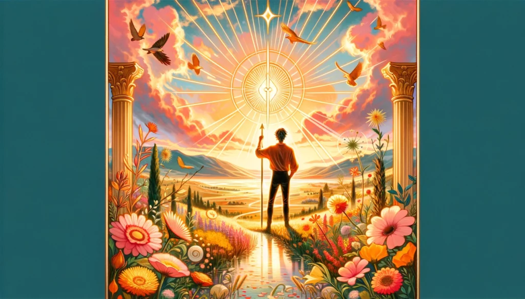 The image depicts the Page of Wands standing confidently amidst symbols of growth and possibility, embodying youthful energy and curiosity. Set against a backdrop filled with light and warmth, it highlights the optimism and positive outlook associated with this tarot card in decision-making contexts.