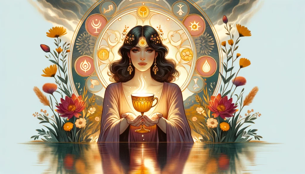 "An illustration representing the Queen of Cups' positive affirmation, emphasizing matters of the heart and emotional well-being. The image depicts a serene and nurturing Queen of Cups surrounded by symbols of positivity, enhancing the visual narrative."
