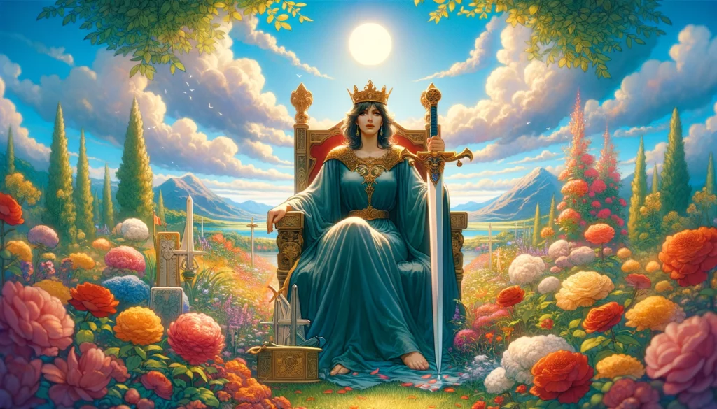 "The illustration depicts the Queen of Swords, symbolizing honesty, clarity, and intellectual compatibility in relationships. It enriches the article by providing a visual depiction of the card's significance in fostering relationships grounded in mutual respect, honest communication, and emotional maturity."