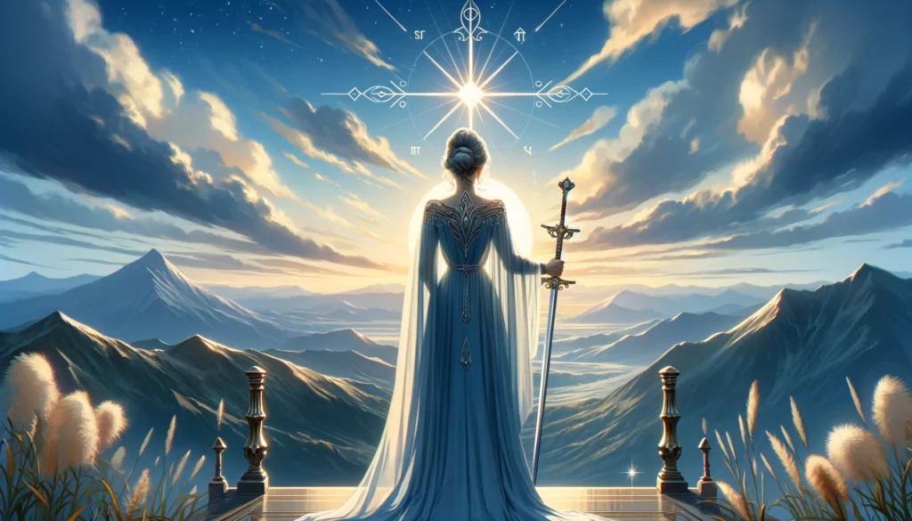 "The image portrays the Queen of Swords, embodying intelligence, independence, and clarity of thought. It enriches the article by vividly depicting a person who values truth and directness, possessing a no-nonsense approach to life, embodying the essence of the Queen of Swords."
