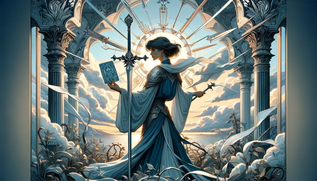 "The image emphasizes clarity, intellect, and direct communication, enriching the article by depicting the Queen of Swords' ability to navigate through confusion with wisdom, honesty, and foresight, ready to tackle challenges with intelligence and straightforwardness."






