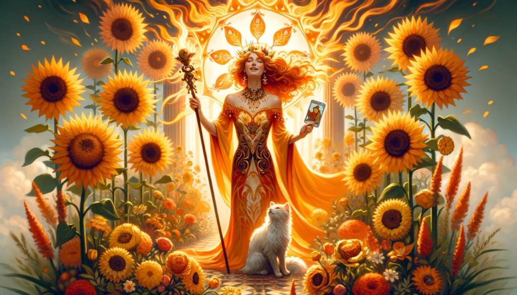An illustration showcasing the embodiment of fiery enthusiasm, self-confidence, and the joy of living through the Queen of Wands, depicted in her element amidst a flourishing garden, symbolizing her vibrant and nurturing nature, perfectly illustrating her dynamic energy and the positive influence she exerts on emotions.