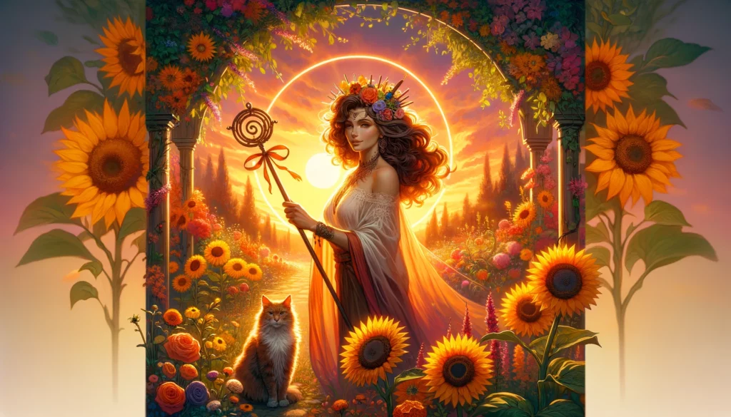 An illustration of the Queen of Wands radiating confidence and warmth in a lush garden setting. She exudes vibrant energy and nurturing love, symbolized by the blooming flowers around her. The dynamic scene captures her fiery enthusiasm and her ability to cultivate thriving relationships with her positive and spirited demeanor.






