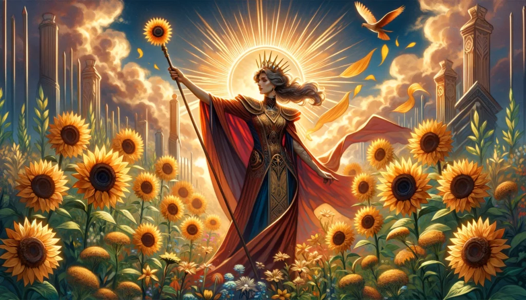 An illustration featuring the Queen of Wands exuding empowerment and positive leadership amidst a vibrant and flourishing landscape, embodying creativity and fostering growth and success under her guidance.






