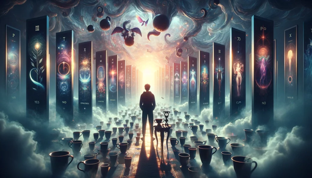 "A creative depiction of facing numerous options and the challenges of decision-making, showcasing the contemplative journey towards discerning a clear path among various dreams and distractions. This visual complements the exploration of navigating complexities to find definitive guidance."