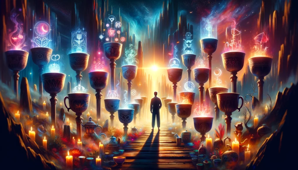 An illustration showing a figure amidst a vibrant and mystical landscape, faced with an array of choices, symbolizing the enchantment and uncertainty of decision-making. This visual complements the exploration of navigating through potential paths, highlighting the introspective journey and the importance of clarity and wisdom."