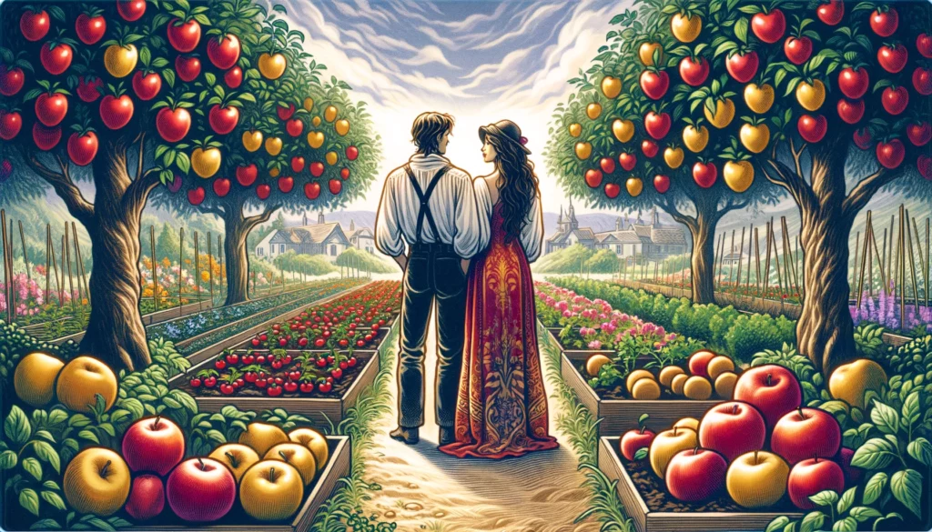 The image depicts a couple standing together in a lush garden filled with vibrant flowers and green foliage. They are holding hands and facing each other with gentle smiles, conveying a sense of closeness and affection. The thriving garden symbolizes the growth, patience, and commitment that have nurtured their relationship over time. This scene embodies the essence of perseverance and mutual investment in building a strong, lasting partnership. It emphasizes the rewarding nature of nurturing love with patience and thoughtful care, highlighting the beauty of a flourishing relationship.
