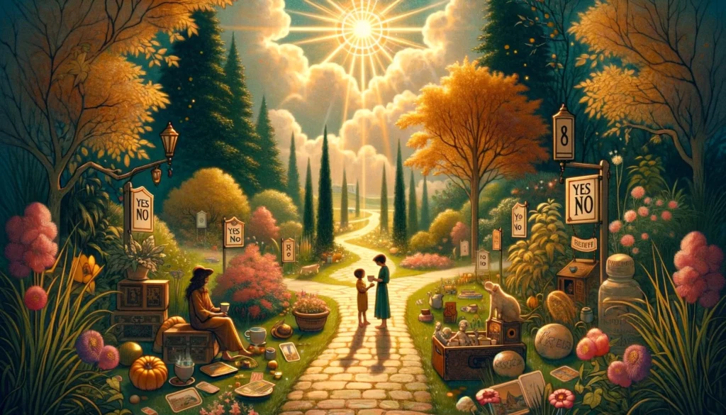"An evocative illustration portraying the themes of nostalgia, innocence, and joy in past relationships depicted by the 'Six of Cups' card, providing a visually rich narrative that complements the exploration of its positive outcomes and advice to embrace the warmth and simplicity of past connections."





