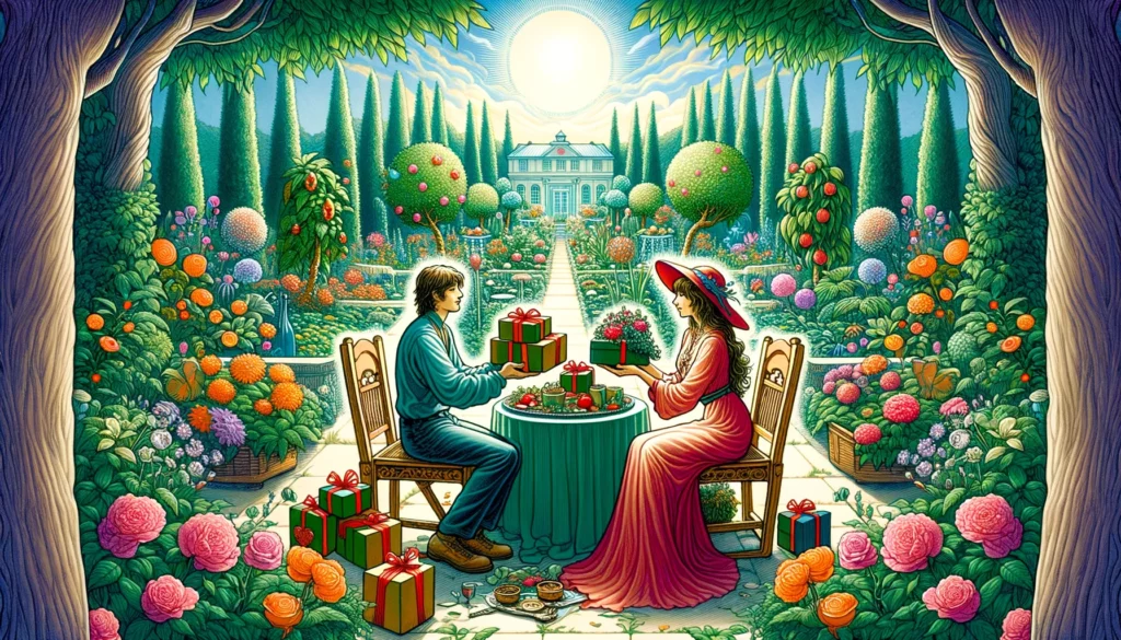 The image depicts a couple standing in a lush garden, exchanging gifts that symbolize their mutual affection and support. The scene radiates warmth and harmony, emphasizing the themes of fairness, generosity, and the growth of love nurtured by acts of kindness and support, leading to a fulfilling partnership.