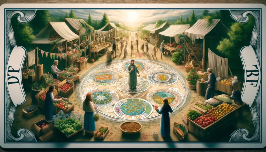 The image vividly portrays a scene of harmonious exchange within a supportive community. Several individuals are engaged in giving and receiving, symbolizing balanced relationships marked by generosity, fairness, and mutual respect. The setting reflects the desire for an equitable distribution of resources and support, showcasing the positive impact of such exchanges on individual and collective well-being. In this environment, generosity and assistance are highly valued and reciprocated, contributing to a sense of harmony and unity among community members.