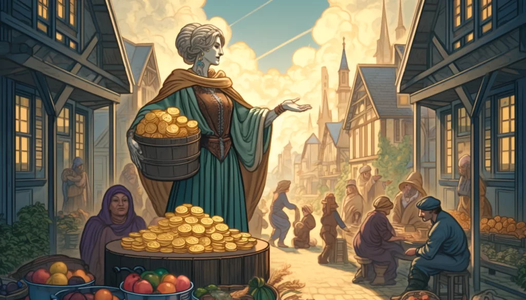  The image depicts a generous individual distributing resources among people in need, set in a vibrant and prosperous environment. The scene embodies the essence of fairness, balance, and the positive impact of altruism within a community, emphasizing the virtues of giving with fairness and compassion.