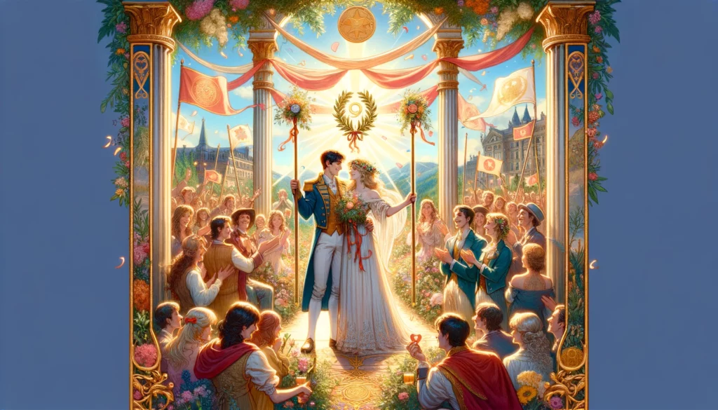 An illustration depicting themes of victory, recognition, and success in love. In the center, a couple stands amidst a jubilant celebration, surrounded by well-wishers and supporters, symbolizing the public acknowledgment and celebration of their relationship's success. Set against a backdrop that enhances the atmosphere of victory and happiness, the image captures the joyous culmination of their love journey.