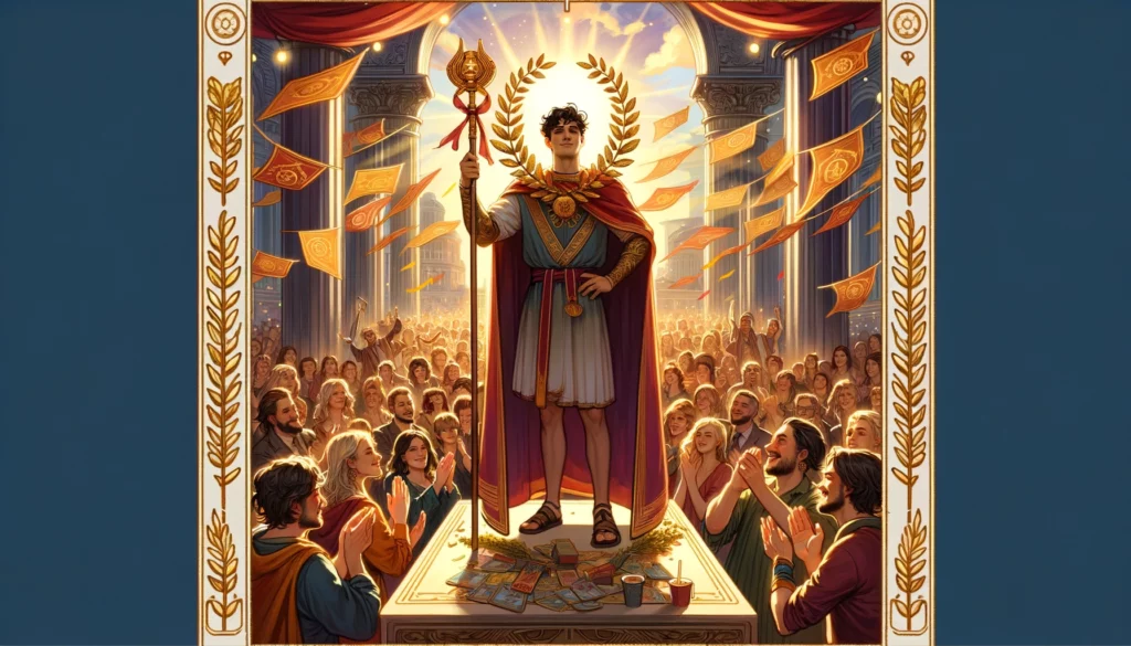 An illustration portraying an individual celebrated for their victories, successes, and achievements. The person exudes confidence and basks in the recognition they have earned, surrounded by a festive atmosphere and communal support. The scene emphasizes the rewards of hard work, determination, and the inspiring impact of successful leadership.