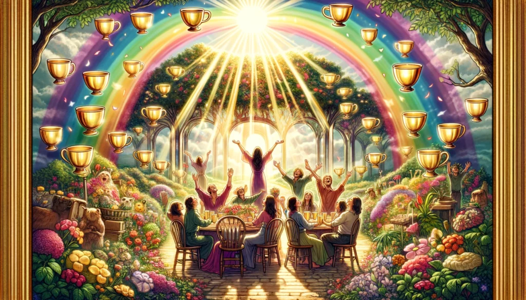 "Illustration portraying overwhelming joy, happiness, and emotional fulfillment, depicted in a celebratory scene under a bright rainbow."