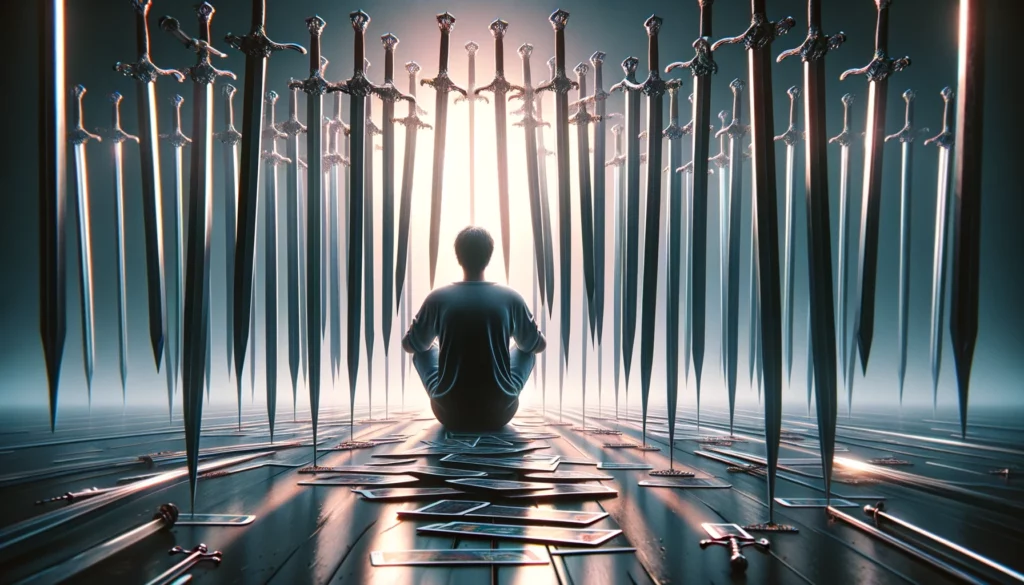  "The image depicts a solitary figure lying on the ground, surrounded by ten swords piercing their back, symbolizing betrayal, pain, and the harsh conclusion of a difficult situation."