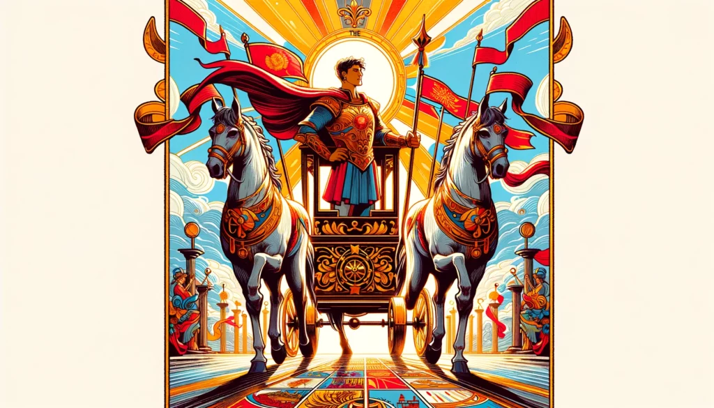 "Confident individual symbolizing mastery over life's challenges, with a color palette of vibrant reds, golds, and blues reflecting power, progress, boldness, and courage associated with the Upright Chariot."