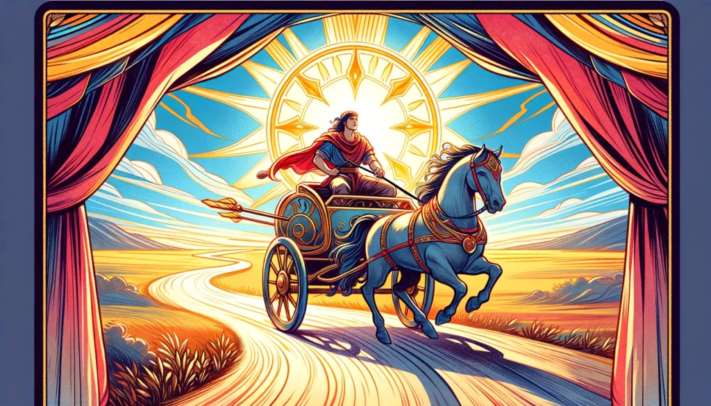 "Figure confidently driving a chariot forward on a clear path, symbolizing a 'Yes' outcome where challenges are overcome with strength and willpower, portrayed through vibrant reds, golds, and blues, evoking a mood of triumph and progress."